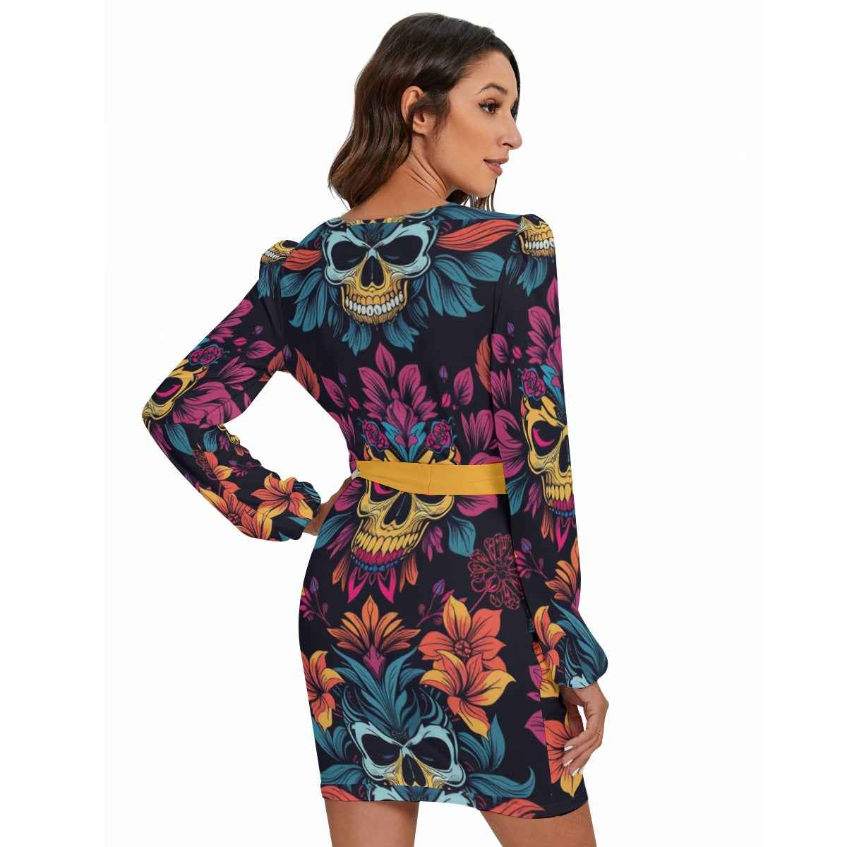 MUNSIEUR All - Over Print Women's Long Sleeve Dress With Waist Belt - Munsieur