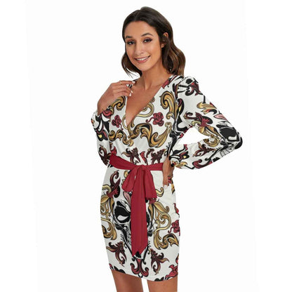 MUNSIEUR All - Over Print Women's Long Sleeve Dress With Waist Belt - Munsieur
