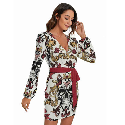 MUNSIEUR All - Over Print Women's Long Sleeve Dress With Waist Belt - Munsieur