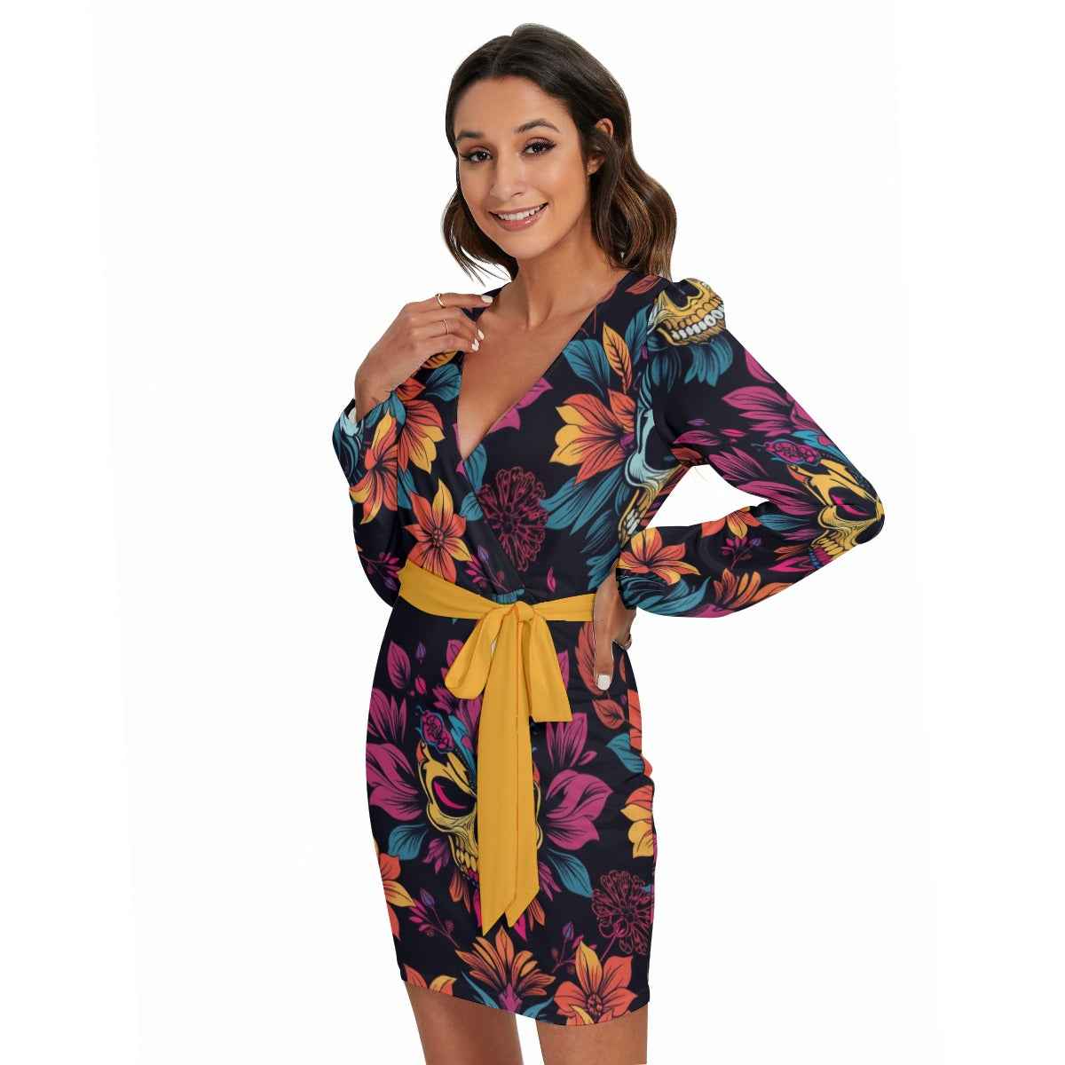 MUNSIEUR All - Over Print Women's Long Sleeve Dress With Waist Belt - Munsieur