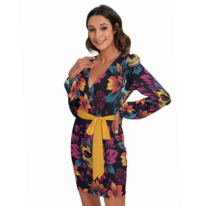 MUNSIEUR All - Over Print Women's Long Sleeve Dress With Waist Belt - Munsieur