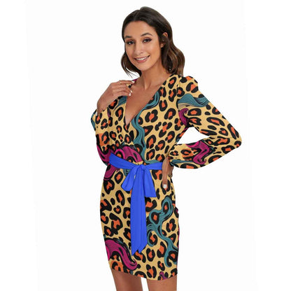 MUNSIEUR All - Over Print Women's Long Sleeve Dress With Waist Belt - Munsieur