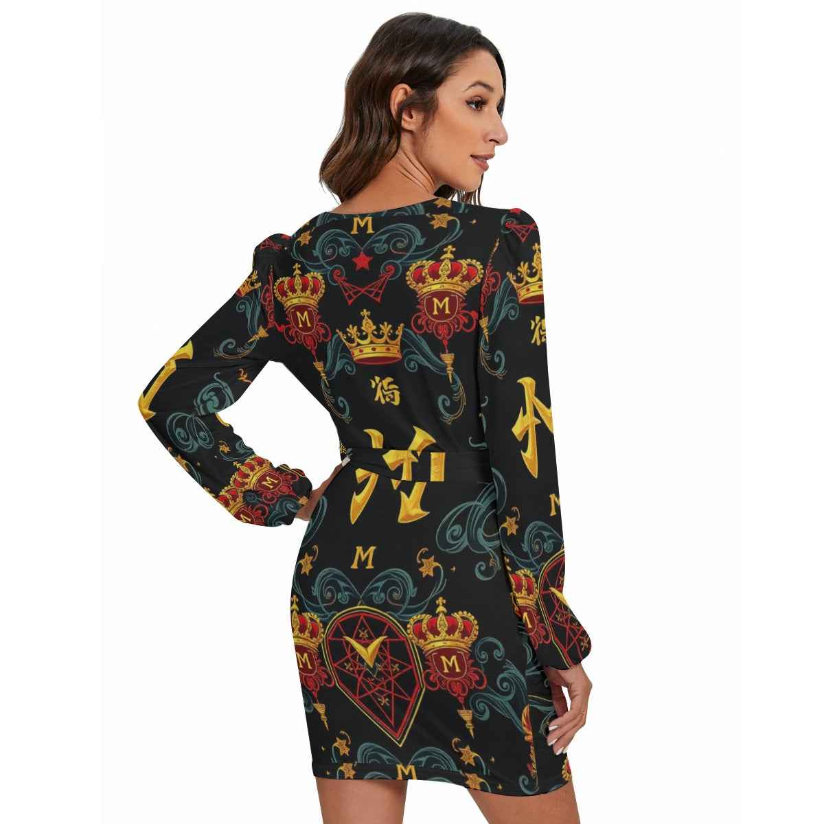 MUNSIEUR All - Over Print Women's Long Sleeve Dress With Waist Belt - Munsieur