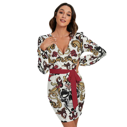 MUNSIEUR All - Over Print Women's Long Sleeve Dress With Waist Belt - Munsieur