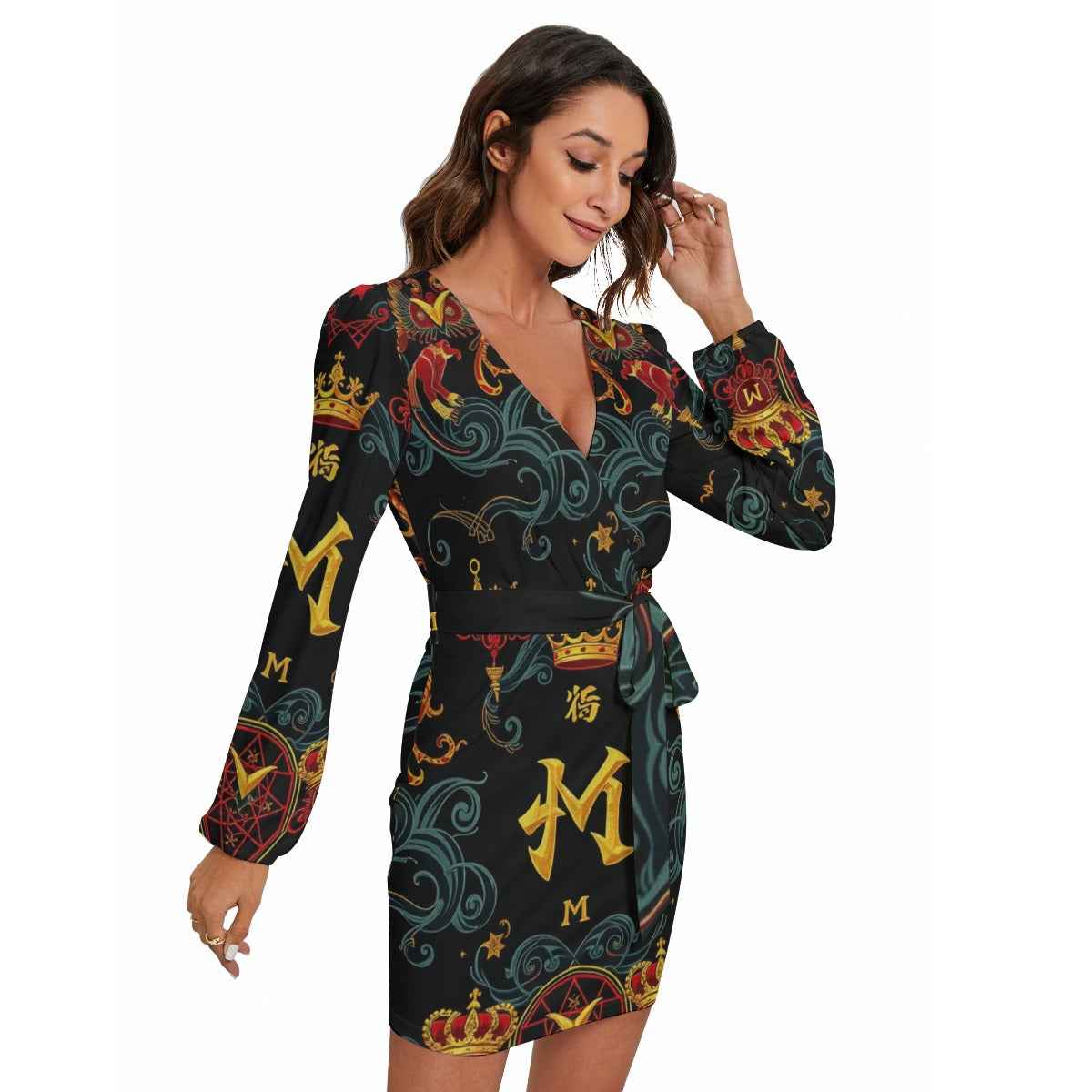 MUNSIEUR All - Over Print Women's Long Sleeve Dress With Waist Belt - Munsieur