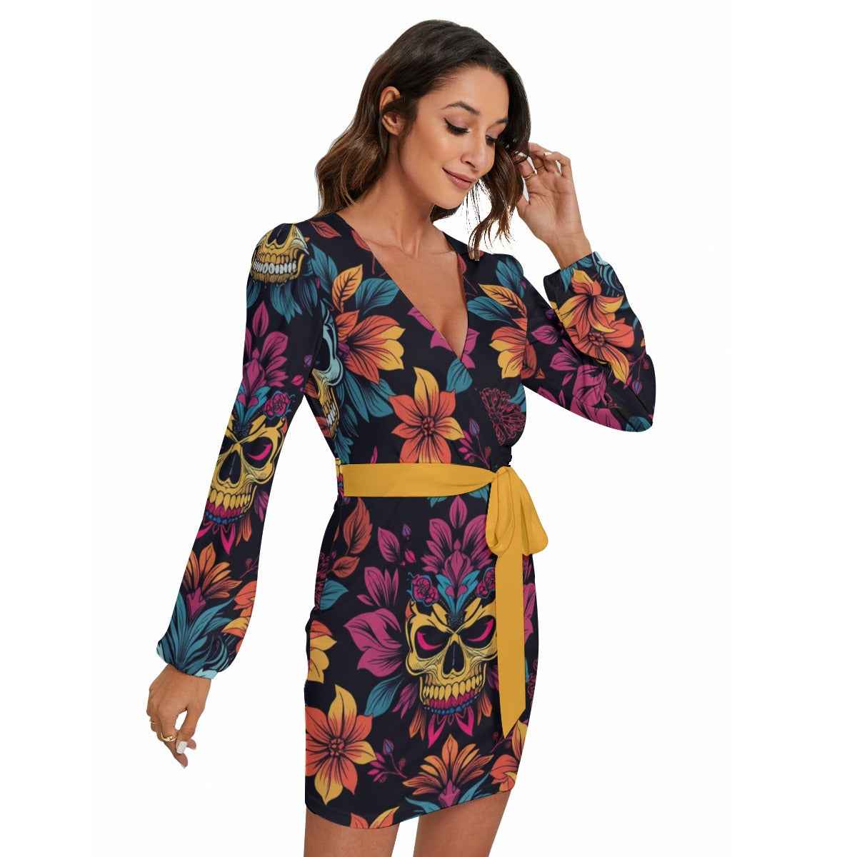 MUNSIEUR All - Over Print Women's Long Sleeve Dress With Waist Belt - Munsieur