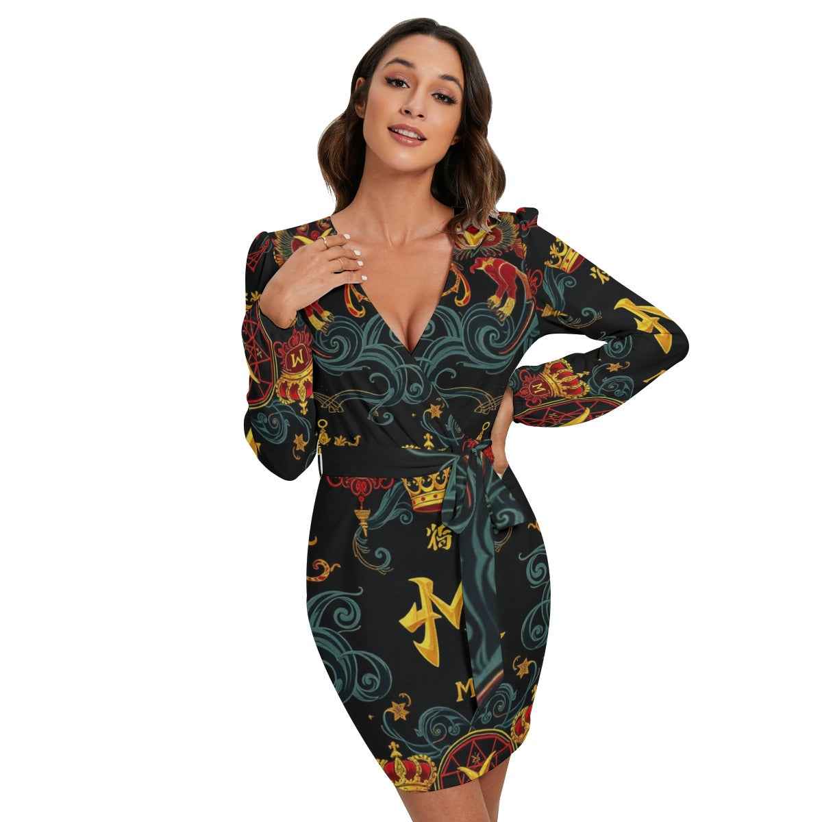 MUNSIEUR All - Over Print Women's Long Sleeve Dress With Waist Belt - Munsieur