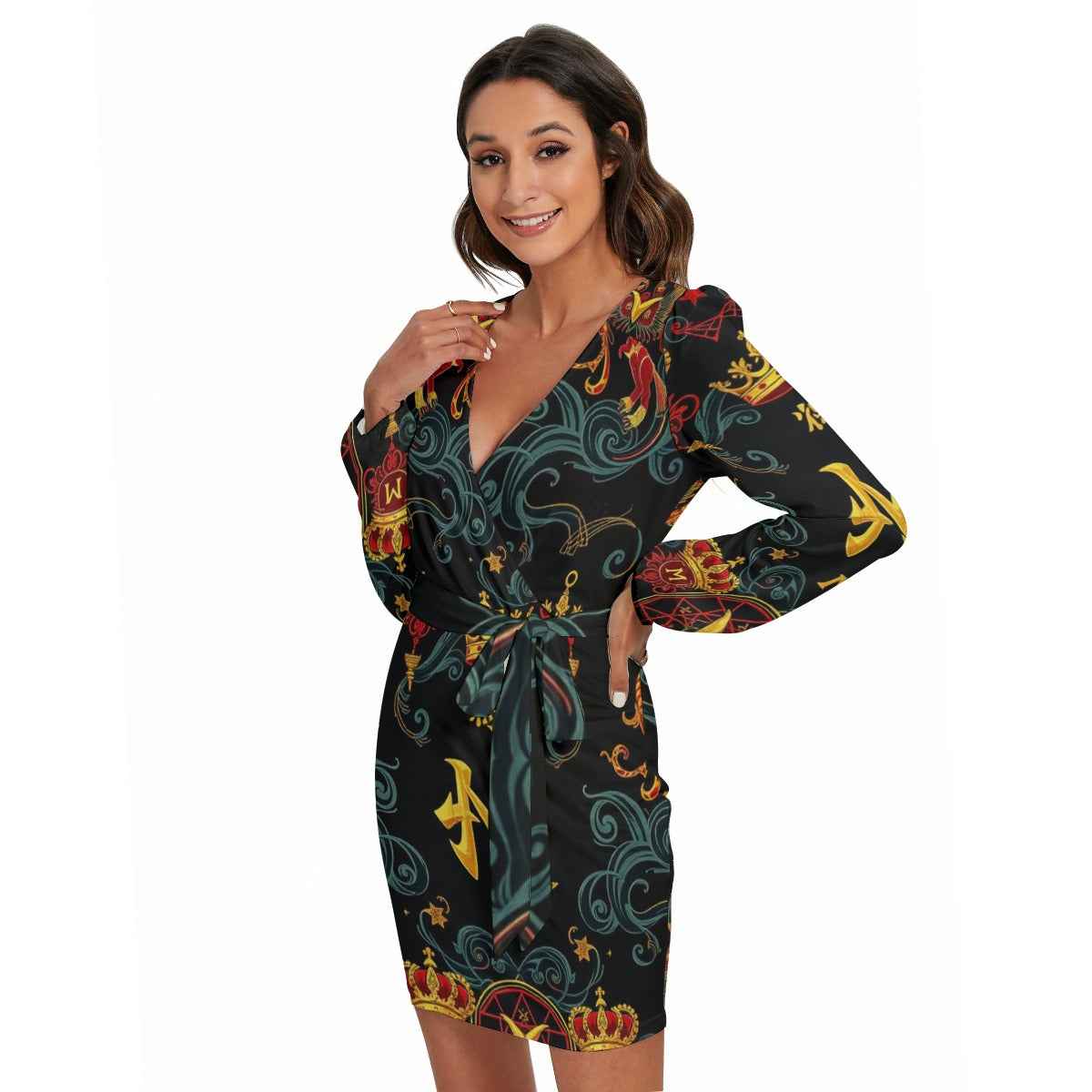 MUNSIEUR All - Over Print Women's Long Sleeve Dress With Waist Belt - Munsieur