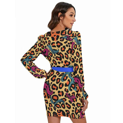 MUNSIEUR All - Over Print Women's Long Sleeve Dress With Waist Belt - Munsieur
