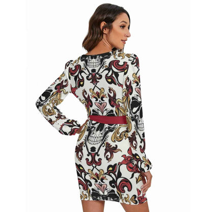 MUNSIEUR All - Over Print Women's Long Sleeve Dress With Waist Belt - Munsieur