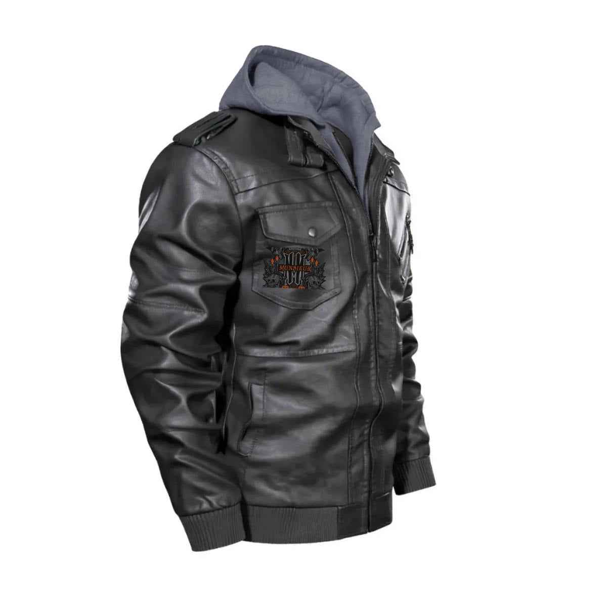 Munsieur Men's Zip Leather Coat DTF Halloween Print - Munsieur
