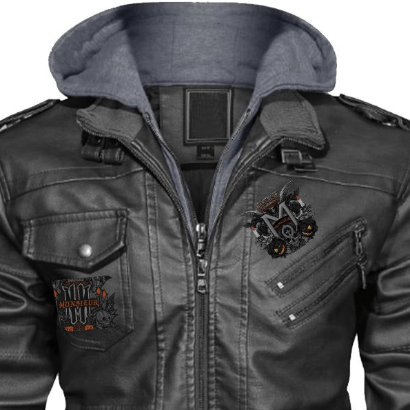 Munsieur Men's Zip Leather Coat DTF Halloween Print - Munsieur