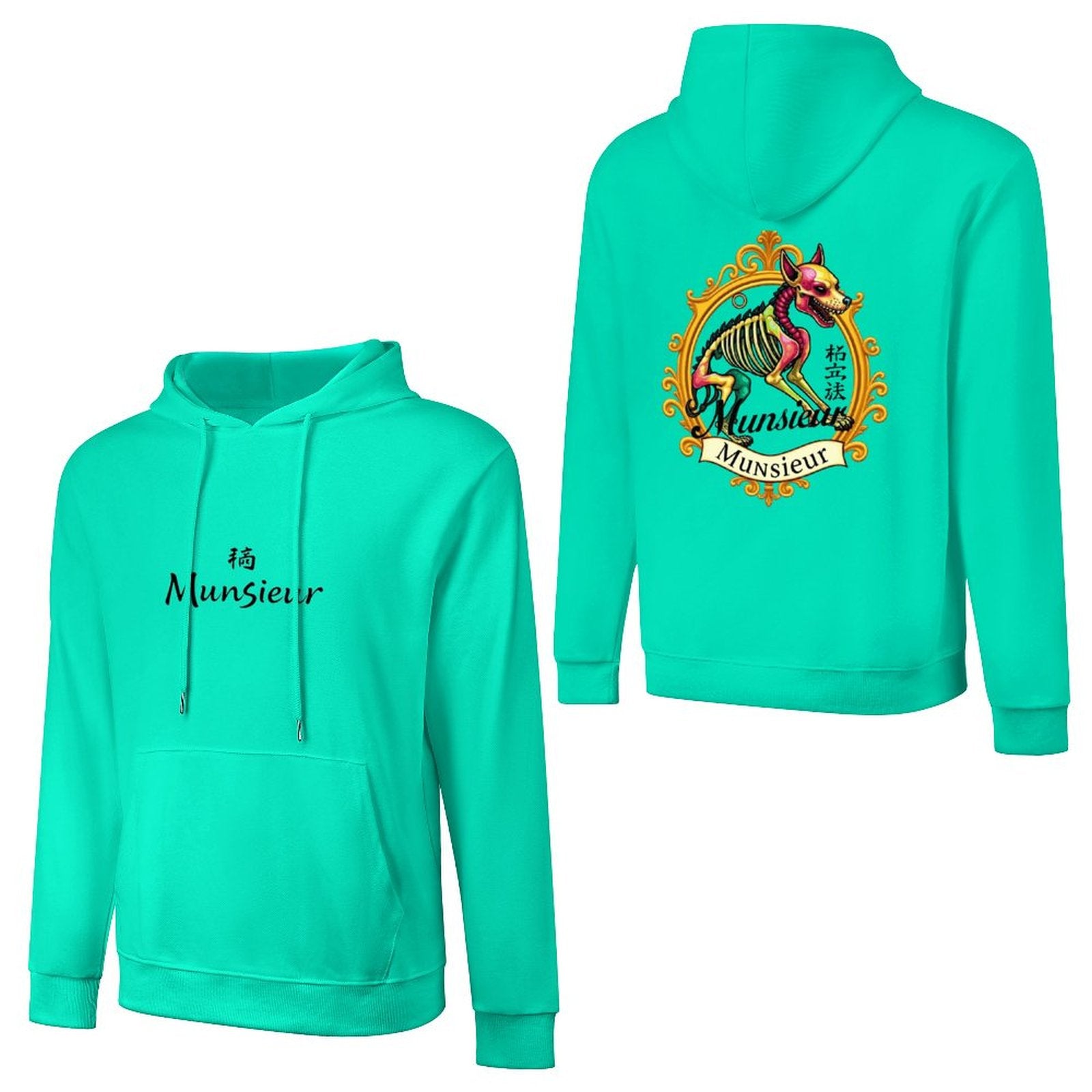 Bright turquoise Year of the Dog Hoodie featuring unique horse graphic and stylish design