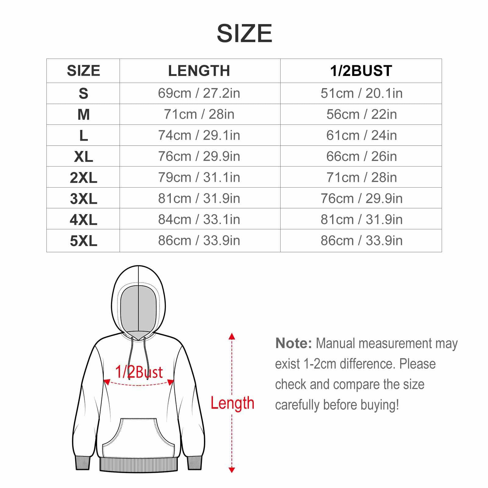 Size guide for Year of the Dog Hoodie with measurements for S to 5XL for perfect fit