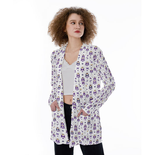 Munsieur printed cardigan sweater with pockets worn by woman paired with white top and black pants