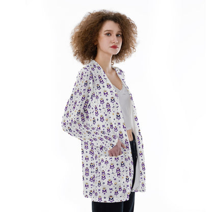 Munsieur printed cardigan sweater with pockets worn by woman with curly hair and white top