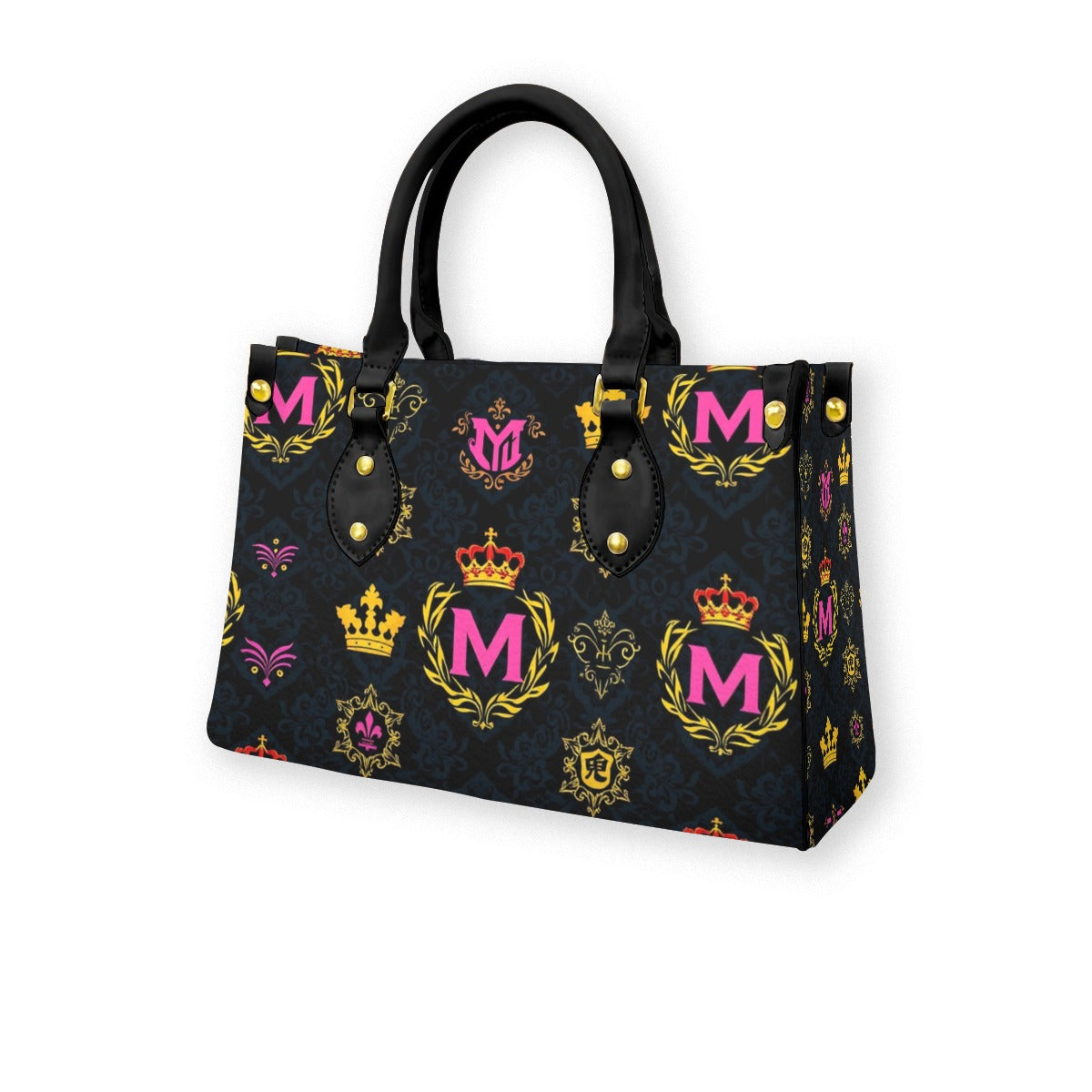 Munsieur printed women's handbag with zip pocket featuring black handles and colorful crown and monogram design