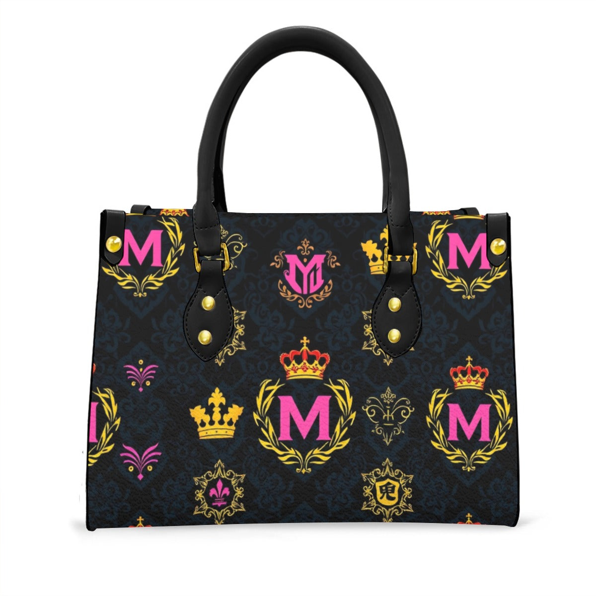 Munsieur printed women's handbag with zip pocket black with pink and gold crown and M patterns