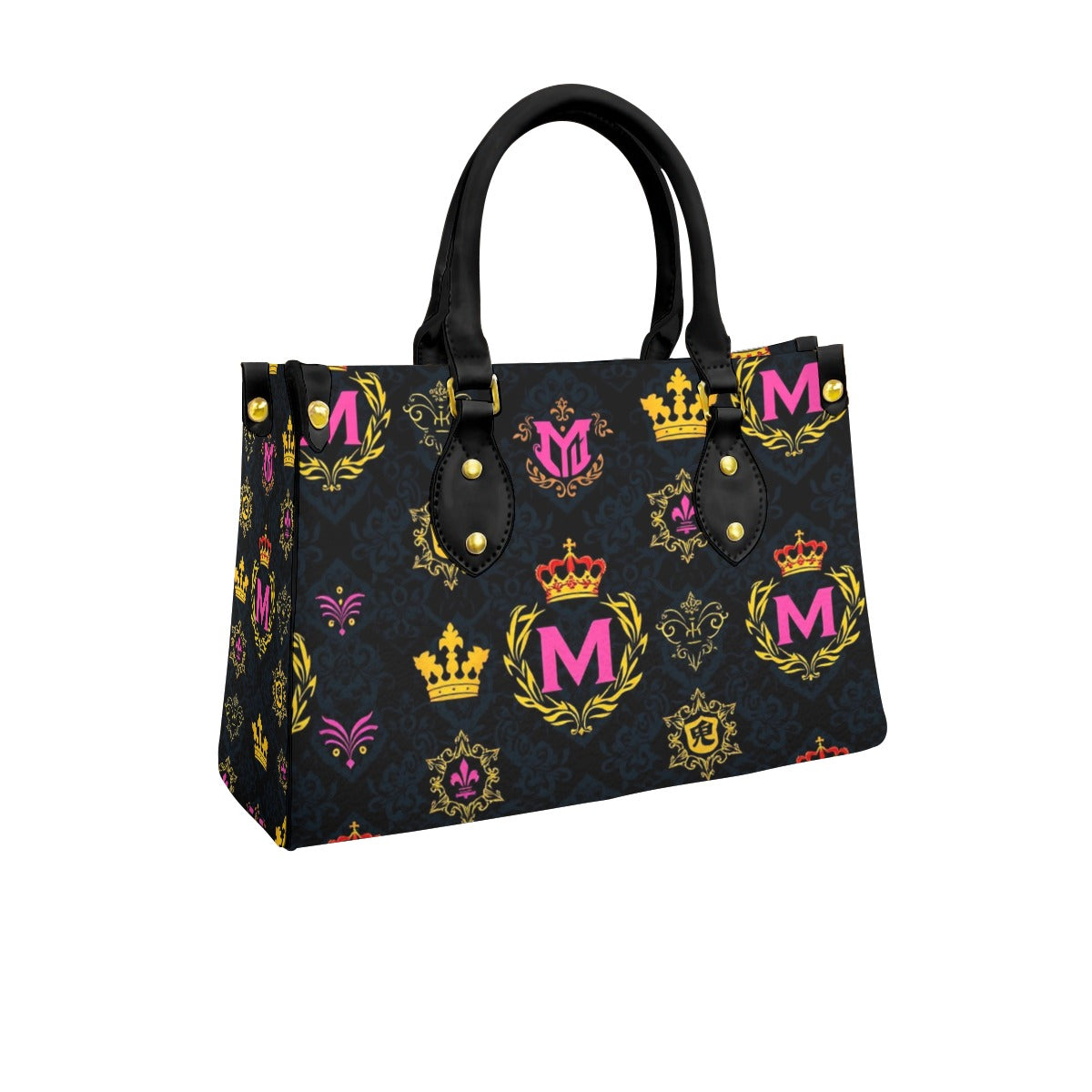 Munsieur printed women's handbag with zip pocket in black featuring colorful crowns and emblem designs