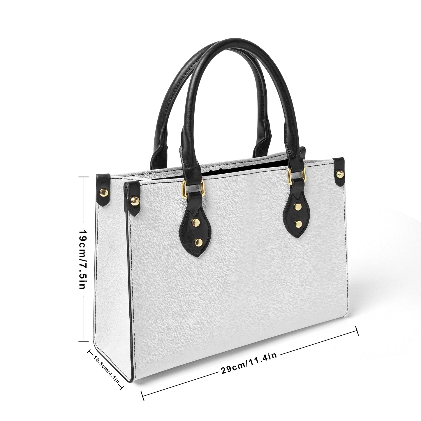 Munsieur printed women's handbag with zip pocket in white with black handles and gold accents