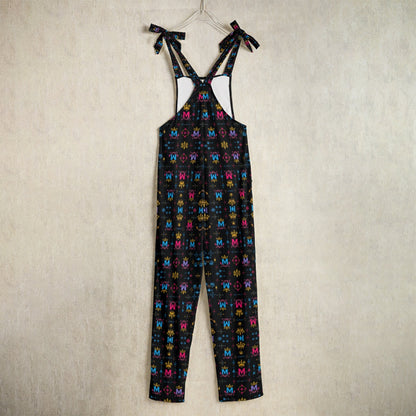 Munsieur black urban fashion jumpsuit for women with colorful pattern and tie straps