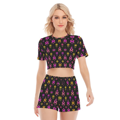 Munsieur urban fashion lounge set for women with black crop top and shorts featuring colorful logo print