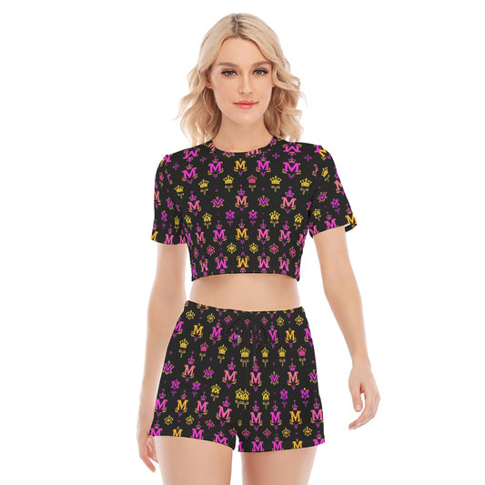 Munsieur urban fashion lounge set for women with black crop top and shorts featuring colorful logo print