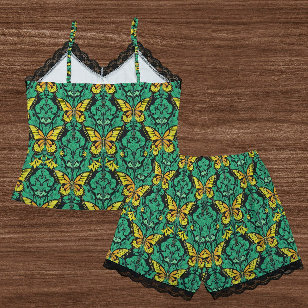 Munsieur urban fashion loungewear for women top and bottoms set with yellow butterfly print and black lace trim