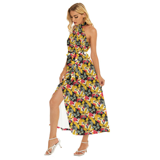 Munsieur floral print urban luxury belted dress with halter neck and side slit on model