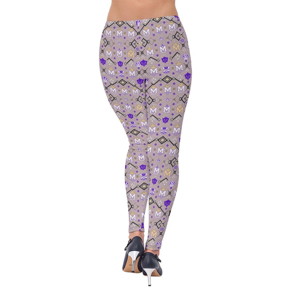 Munsieur urban luxury leggings with purple and gold geometric pattern worn with black high heels