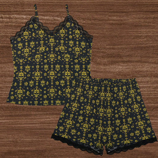 Munsieur urban sleepwear set for women with black and yellow skull pattern camisole top and matching shorts