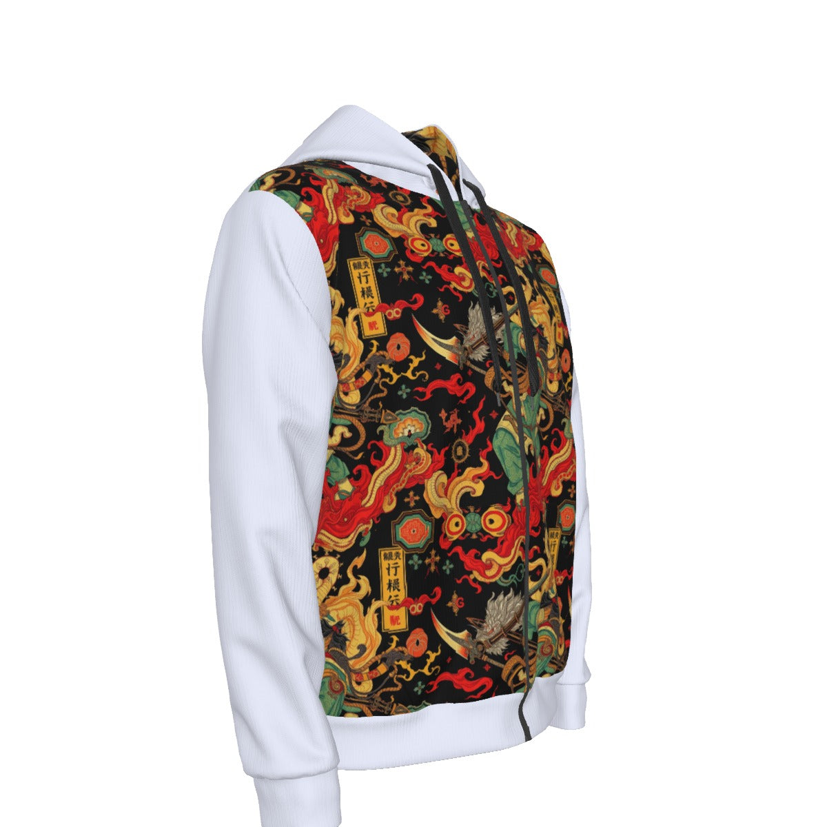 Munsieur urban streetwear dragon hoodie with vibrant red and gold dragon design and white sleeves