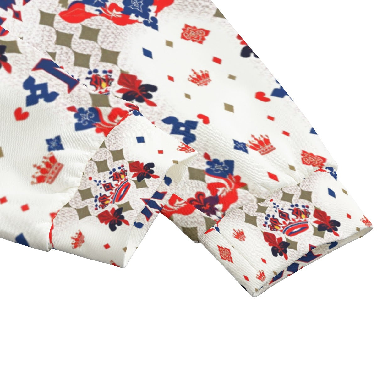 Munsieur white urban streetwear joggers with red and blue crown and abstract patterns on fabric