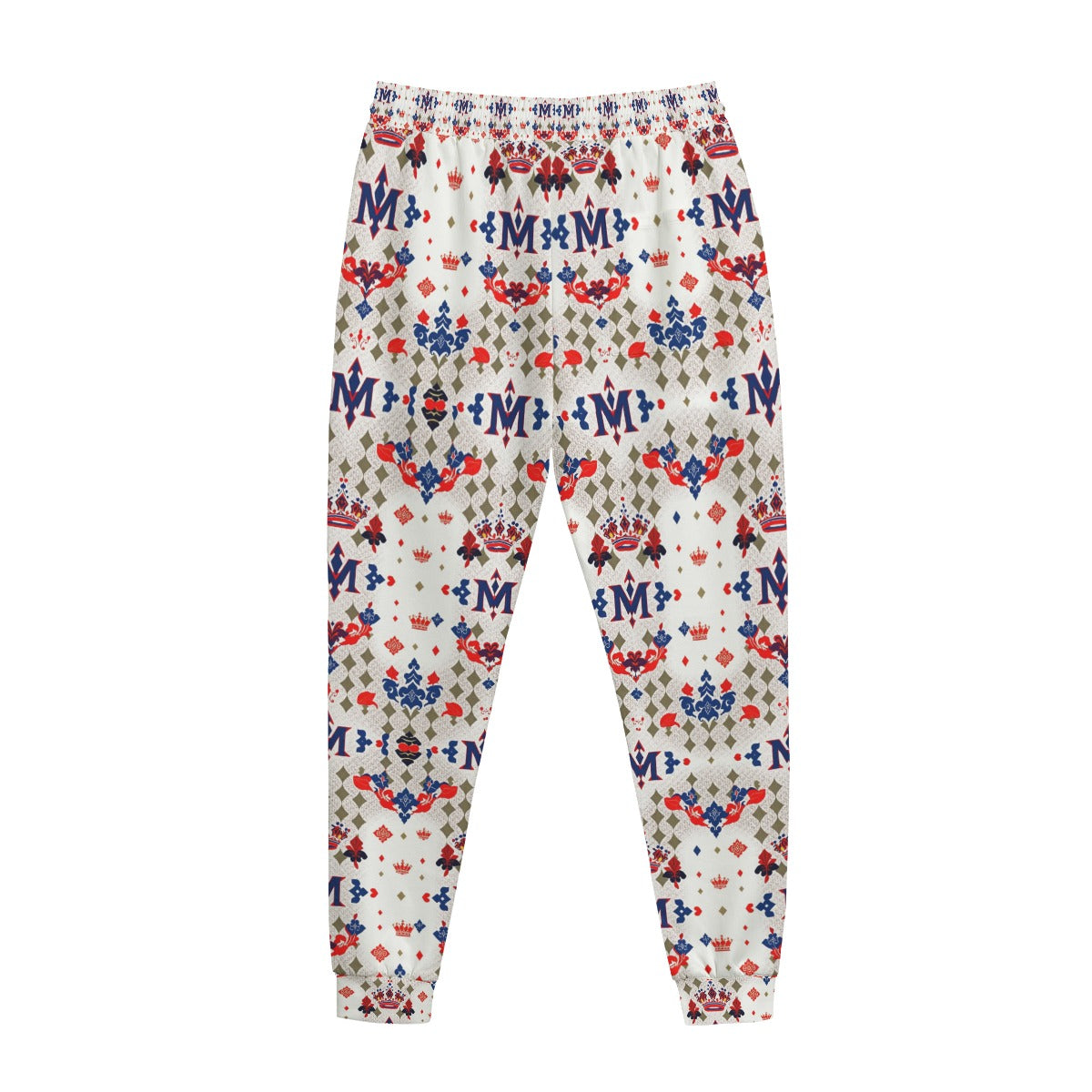 Munsieur urban streetwear joggers with white base and red blue crown and logo print