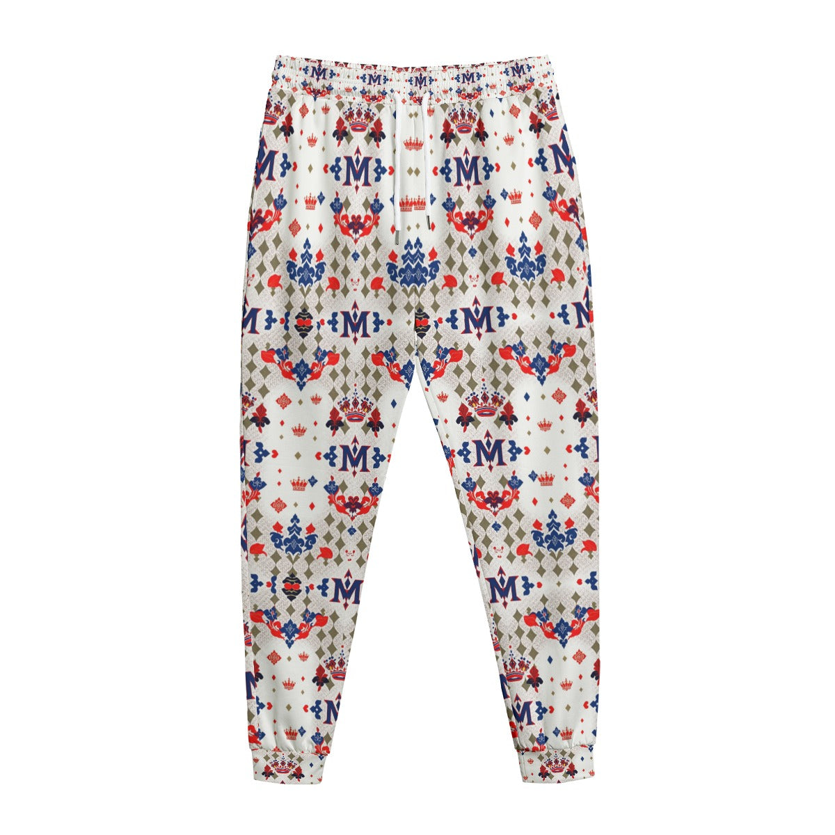 Munsieur white urban streetwear joggers with red blue and beige graphic patterns and elastic waistband