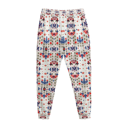 Munsieur white urban streetwear joggers with red blue and beige graphic patterns and elastic waistband