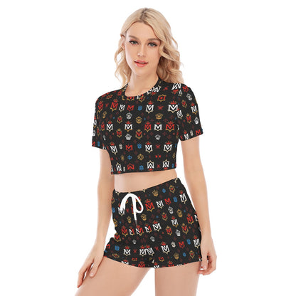 Munsieur black urban streetwear matching set with multicolor logo print crop top and shorts
