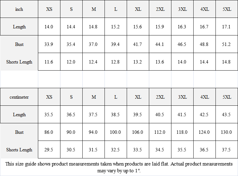 Size chart for Munsieur urban streetwear matching set including length bust and shorts length in inches and centimeters