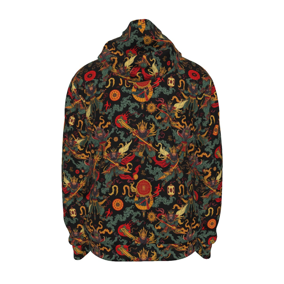 Munsieur urban streetwear zip up hoodie with vibrant dragon and flame pattern on black background