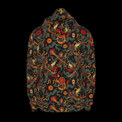 Munsieur urban streetwear zip up hoodie with vibrant dragon and flame pattern on black background