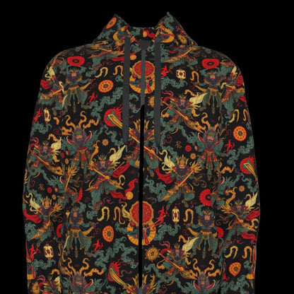 Munsieur urban streetwear zip up hoodie with vibrant multicolor dragon and floral pattern