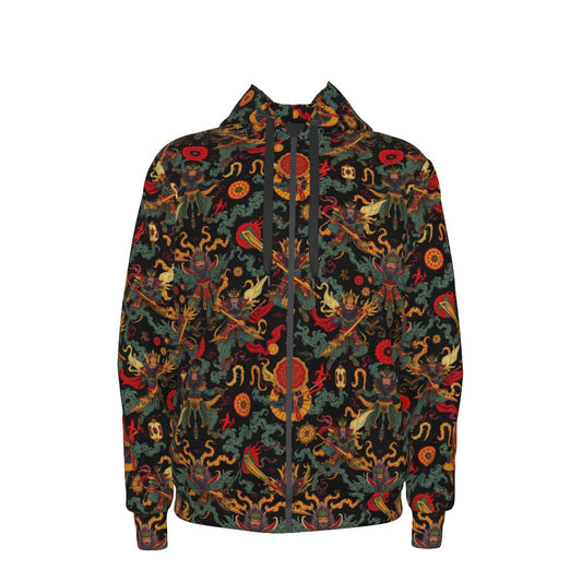 Munsieur urban streetwear zip up hoodie with vibrant multicolor dragon and floral pattern