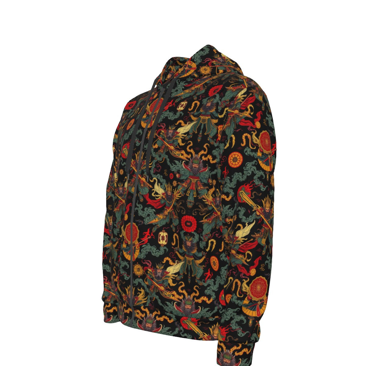 Munsieur urban streetwear zip up hoodie with colorful dragon and floral patterns on black fabric