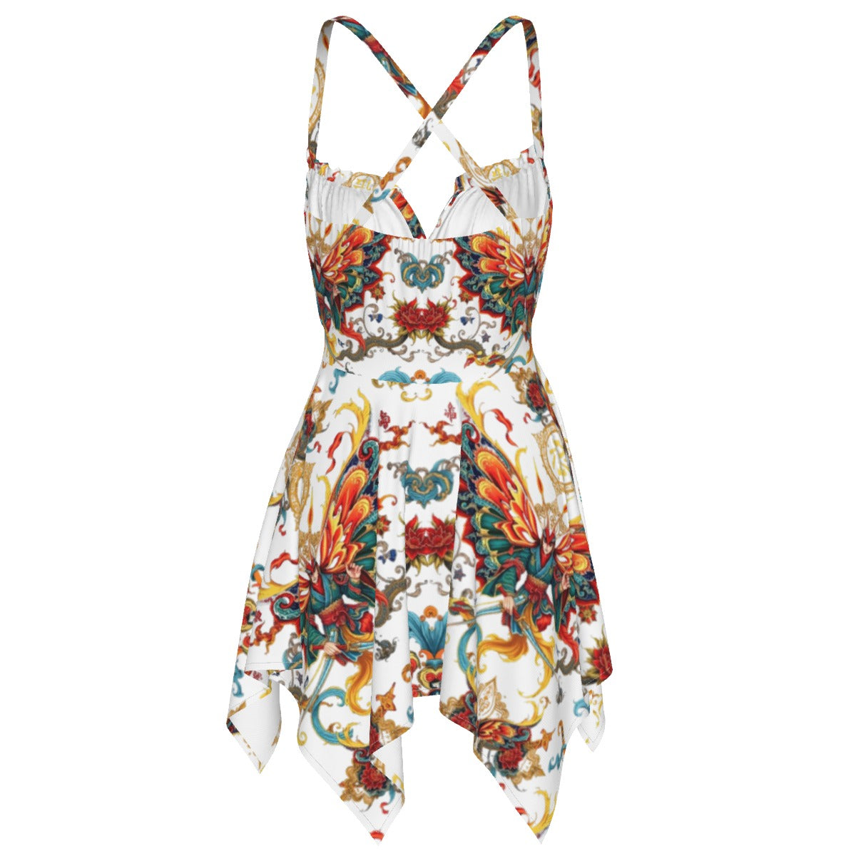Munsieur luxury all-over print dress with colorful floral design and handkerchief hemline
