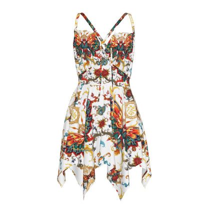 Munsieur luxury all-over print dress with colorful floral and artistic patterns and handkerchief hem