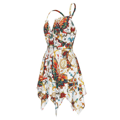 Munsieur luxury all-over print dress with colorful floral and ornamental design and handkerchief hem