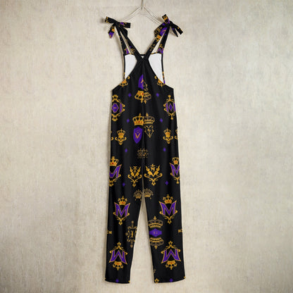 Munsieur luxury graphic patterned jumpsuit in black with purple and gold royal designs and bow tie straps