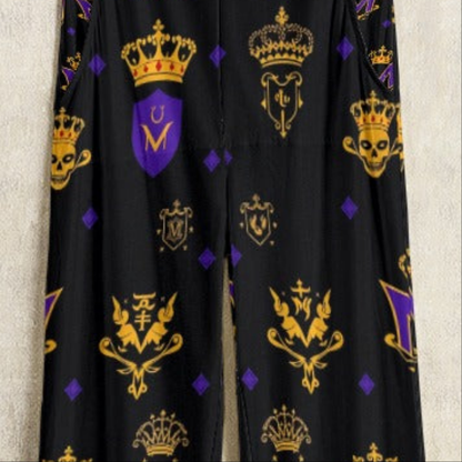 Munsieur luxury graphic patterned jumpsuit with black fabric featuring gold and purple crown and crest designs