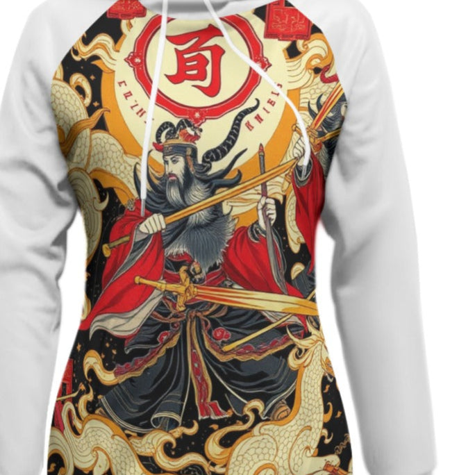 Munsieur women's pullover sweater dress with intricate warrior and dragon design in red black and gold