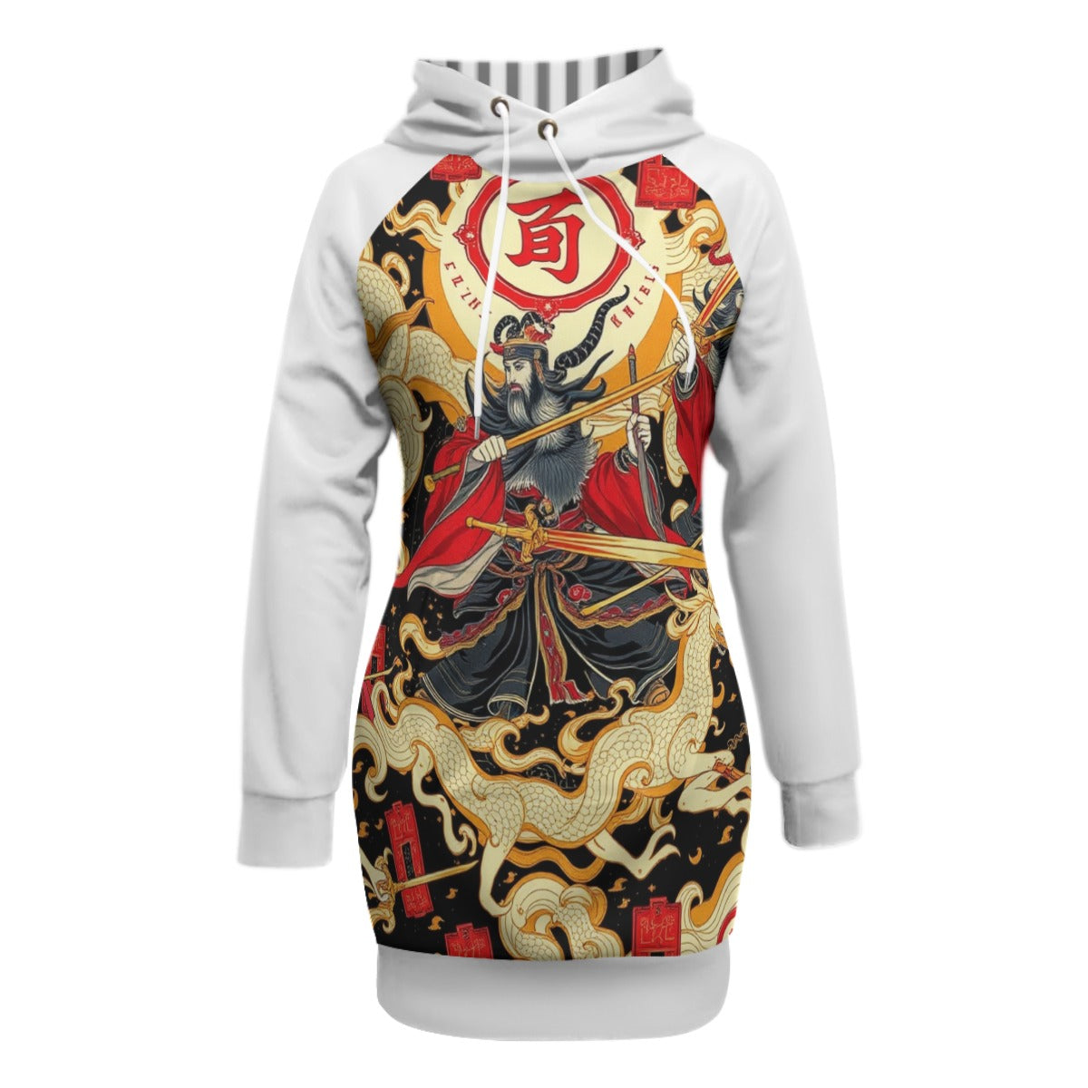 Munsieur women's pullover sweater dress with intricate dragon and warrior graphic design in red black and gold